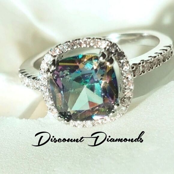 Cushion Cut 5 Ct. Mystic Topaz 14K White Gold surrounded by 38 White Diamonds - Picture 1 of 8
